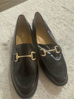 J. Crew Black PU Leather Loafers with Gold Bit
